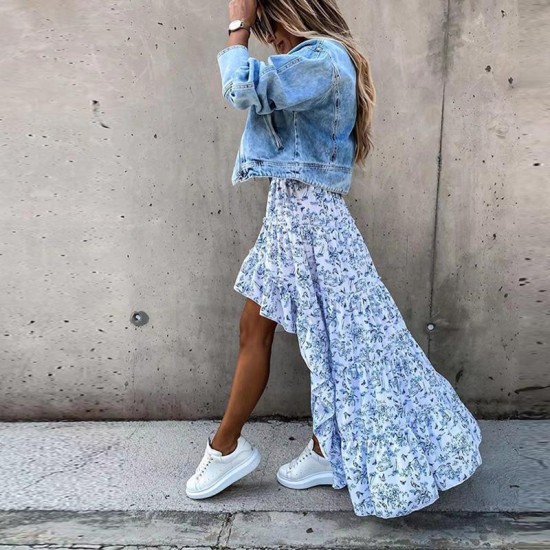 Skirts 2022 Spring Summer Floral Print Long Lady Elegant Boho Beach Party Fashion Women Ruffle Irregular Skirt Streetwear