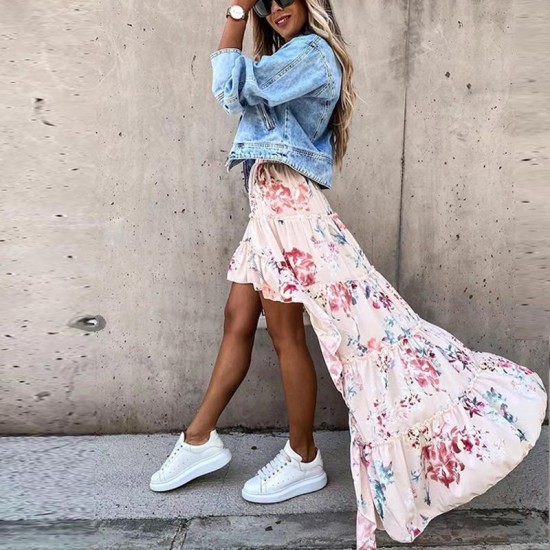 Skirts 2022 Spring Summer Floral Print Long Lady Elegant Boho Beach Party Fashion Women Ruffle Irregular Skirt Streetwear