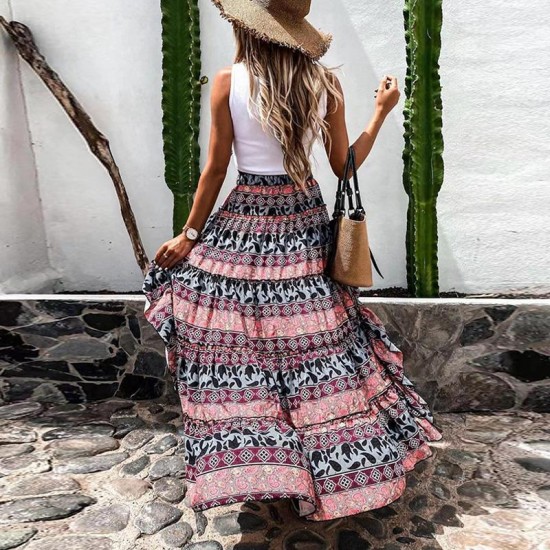 Skirts 2022 Spring Summer Floral Print Long Lady Elegant Boho Beach Party Fashion Women Ruffle Irregular Skirt Streetwear