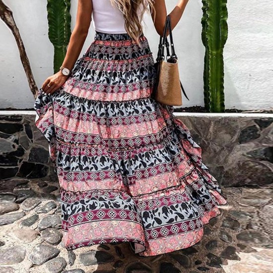 Skirts 2022 Spring Summer Floral Print Long Lady Elegant Boho Beach Party Fashion Women Ruffle Irregular Skirt Streetwear