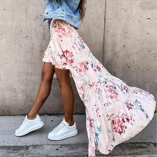 Skirts 2022 Spring Summer Floral Print Long Lady Elegant Boho Beach Party Fashion Women Ruffle Irregular Skirt Streetwear