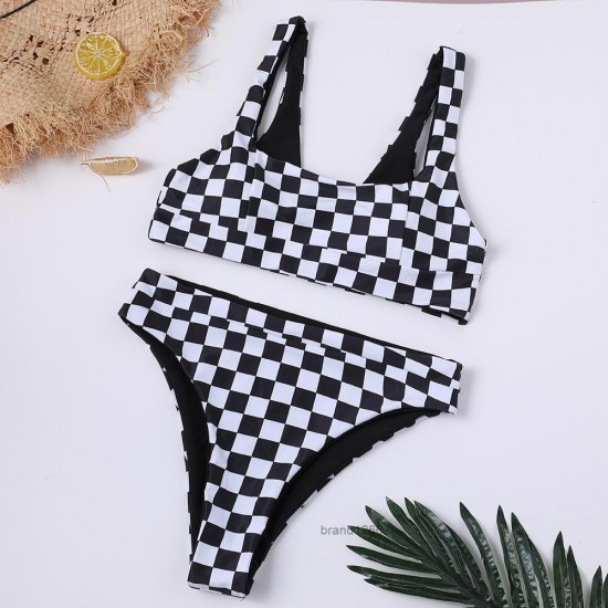 female split grid print high waist bikini sports vest plaid sexy swimsuit