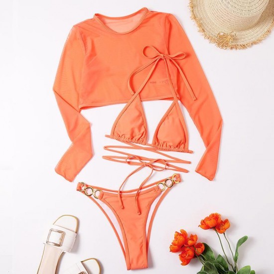 Women's Swimwear Women 2022 Sexy Bikinis Set Solid Swimsuit With Sleeves Lace Bikini Brazilian Swimming Suit Three Piece Beach Dress