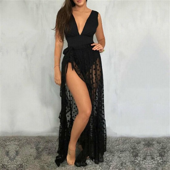 Women's Swimwear 2022 Womens Bikini Cover-ups Ladies Polka Dot Mesh Sheer Beach Skirts See Through Sexy Spilt Maxi