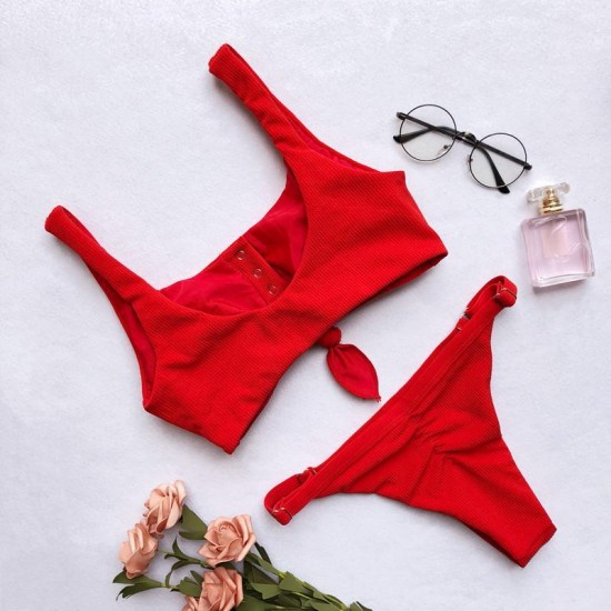 Women's Swimwear Sexy Solid Red Bikini 2022 Women Front Tie Cut Out Micro Swimsuit Female Push Up Bathing Suit Thong Two Piece Biquini