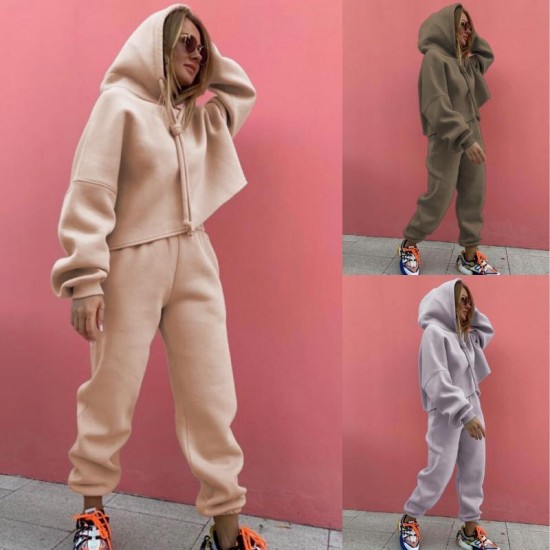 Women's Tracksuits Spring Autumn Tracksuit Women Solid Gray Long Sleeve Hooded Sweatshirt Top And Sweatpants Two Piece Set Jogging Suit Outf