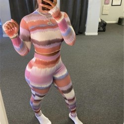 Women's Tracksuits Streetwear Striped Knitted Set Crop Tops Legging Pants Suits Tracksuit Matching Two Piece Sets Fitness Outfit