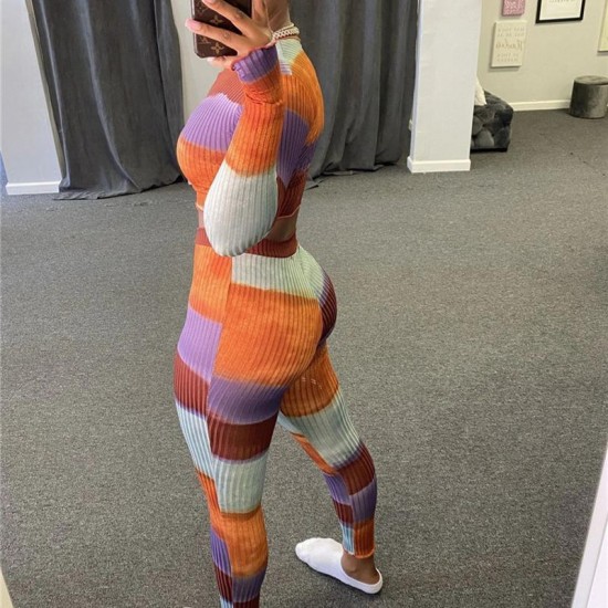 Women's Tracksuits Streetwear Striped Knitted Set Crop Tops Legging Pants Suits Tracksuit Matching Two Piece Sets Fitness Outfit