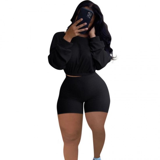 Women's Tracksuits Spring Autumn Solid Color Plus Size Sets O-neck Loose Long Sleeve Crop Tops Skinny Shorts Ribbed Tracksuit Women Two Piec