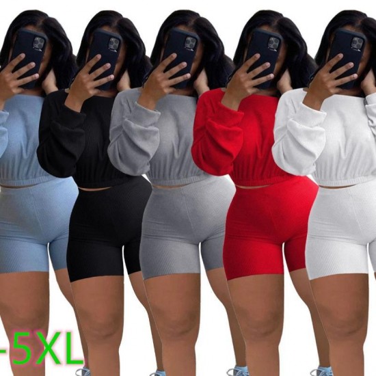 Women's Tracksuits Spring Autumn Solid Color Plus Size Sets O-neck Loose Long Sleeve Crop Tops Skinny Shorts Ribbed Tracksuit Women Two Piec