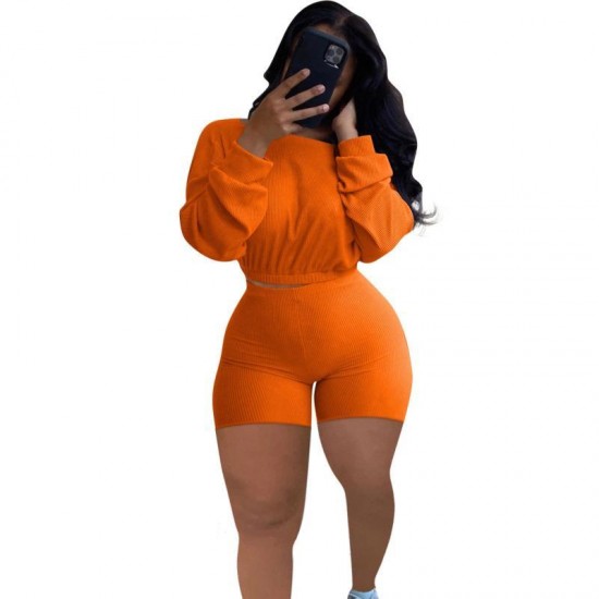 Women's Tracksuits Spring Autumn Solid Color Plus Size Sets O-neck Loose Long Sleeve Crop Tops Skinny Shorts Ribbed Tracksuit Women Two Piec