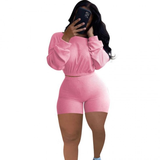 Women's Tracksuits Spring Autumn Solid Color Plus Size Sets O-neck Loose Long Sleeve Crop Tops Skinny Shorts Ribbed Tracksuit Women Two Piec