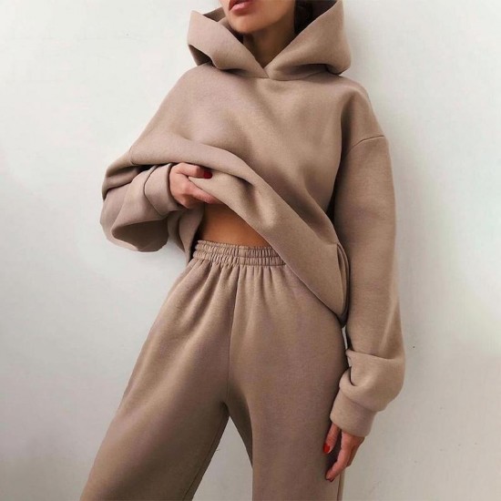 Women Tracksuits Elegant Solid Sets For Warm Hoodie Sweatshirts And Long Pant Fashion Two Piece Ladies Lace Up Sweatshirt Suits