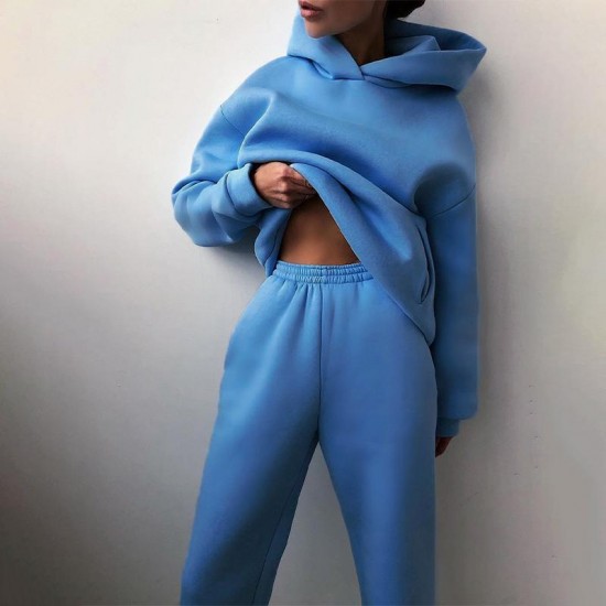 Women Tracksuits Elegant Solid Sets For Warm Hoodie Sweatshirts And Long Pant Fashion Two Piece Ladies Lace Up Sweatshirt Suits