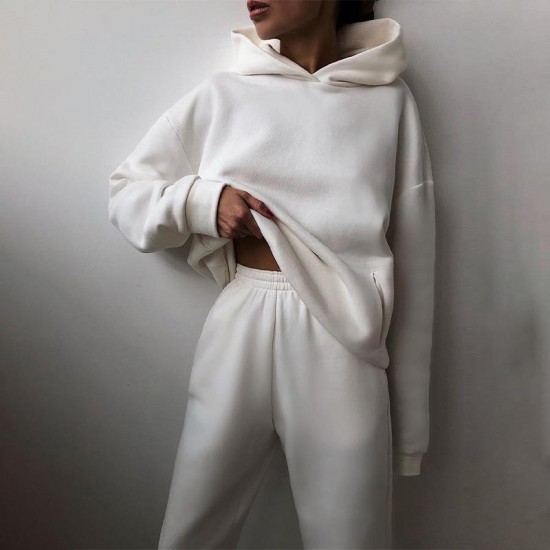 Women Tracksuits Elegant Solid Sets For Warm Hoodie Sweatshirts And Long Pant Fashion Two Piece Ladies Lace Up Sweatshirt Suits