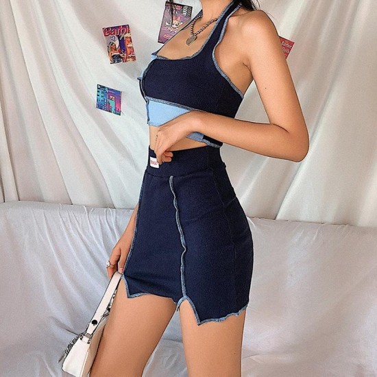 Women's Tracksuits Women Colorblock Sexy Two Piece Set Tank Crop Top And Skirt Suits 2022 Summer Club Party 2 Sets Female Outfits