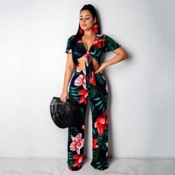 Women's Tracksuits Women Sexy V-Neck Short Sleeve Bow Bandage Slim Top Wide Leg Pants 2 Piece Set Summer Female Elegant Casual Floral Print