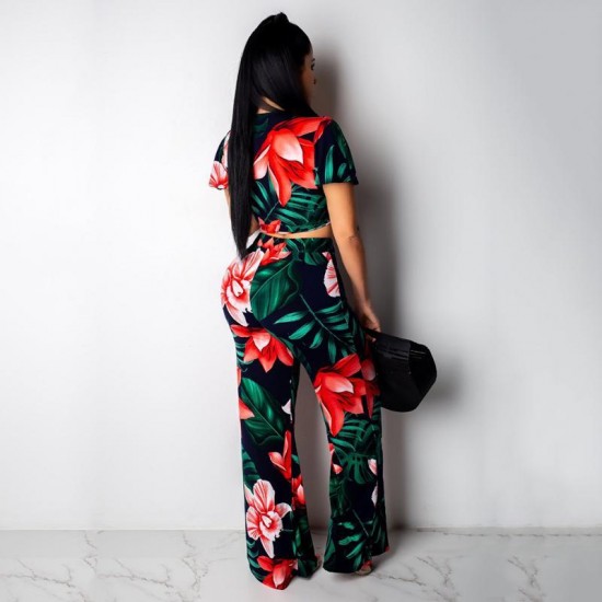 Women's Tracksuits Women Sexy V-Neck Short Sleeve Bow Bandage Slim Top Wide Leg Pants 2 Piece Set Summer Female Elegant Casual Floral Print