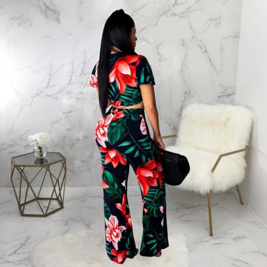 Women's Tracksuits Women Sexy V-Neck Short Sleeve Bow Bandage Slim Top Wide Leg Pants 2 Piece Set Summer Female Elegant Casual Floral Print