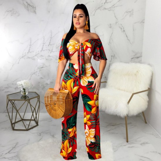 Women's Tracksuits Women Sexy V-Neck Short Sleeve Bow Bandage Slim Top Wide Leg Pants 2 Piece Set Summer Female Elegant Casual Floral Print