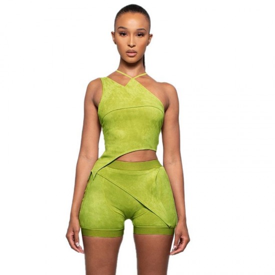 Women's Tracksuits Velour Asymmetry Two Piece Set Women Avocado Halter Dress Suits+Crease Shorts Sets Matching Outfit Female Workout Atirewe