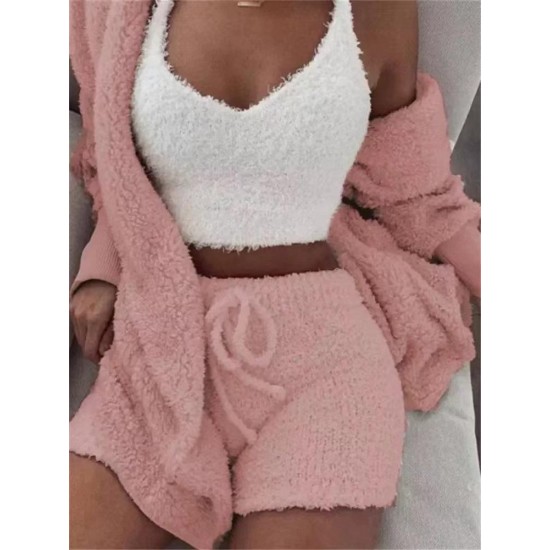 Women's Tracksuits Autumn Winter 3 Piece Fluffy Outfits Plush Sexy Backless Fleece Pyjamas Women Casual Sports Sweatshirt Home Wear Sets Tra