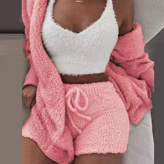 Women's Tracksuits Autumn Winter 3 Piece Fluffy Outfits Plush Sexy Backless Fleece Pyjamas Women Casual Sports Sweatshirt Home Wear Sets Tra