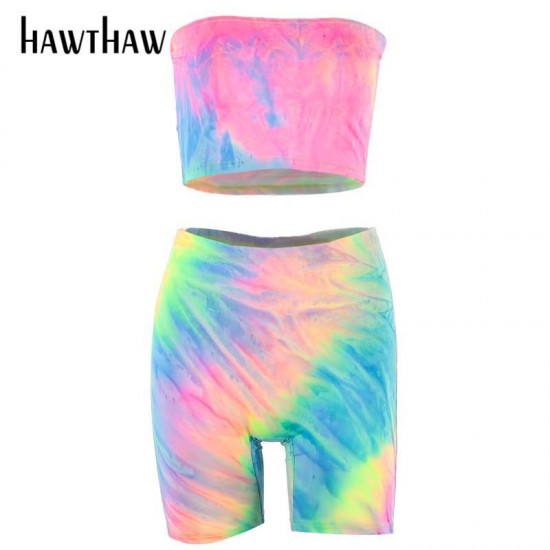 Women's Tracksuits HAWTHAW Women Summer Tie Dye Strapless Tube Tops Short Pants Shorts Fitness Casual Sportswear Workout Outfit Two Piece Se