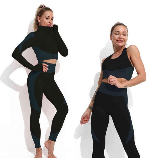 Yoga Set Workout gym clothing fitness for Women's tracksuit outfit leggings Sport bras top Long sleeve Women Sportswear Suit 211223