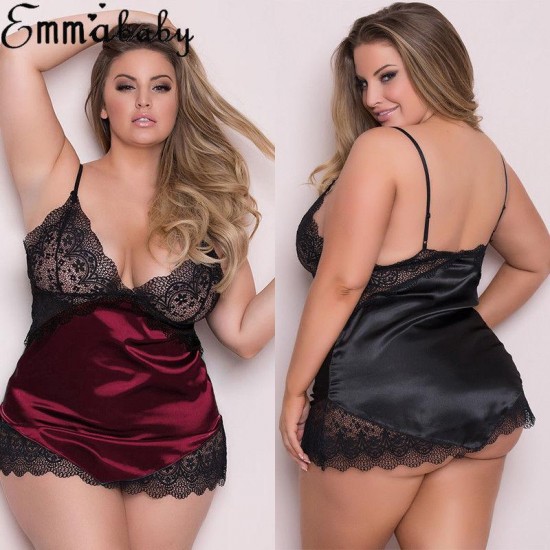 Women's Sleepwear Plus Size Sexy Lingerie Women Gecelik Nightgown Nightdress Pajamas Sleepdress Lace Spaghetti Strap Patchwork 3XL-4XL