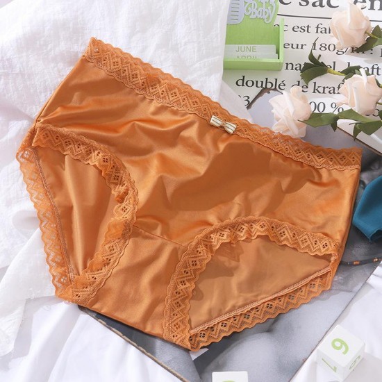 Women's Panties 2022 French Shiny Silk Fashion Underwear Soft Silky Lace Trim Mid Waist Cotton Ladies Satin Briefs Bow Decor Underpants