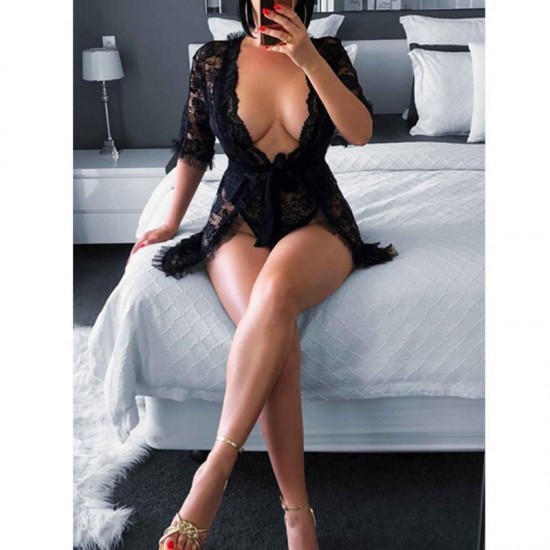 Women's Sleepwear Women Sexy Solid Lingerie Deep V-Neck Black Lace See Through Nightgown Dress Casual Style S-XL Skin-Friendly