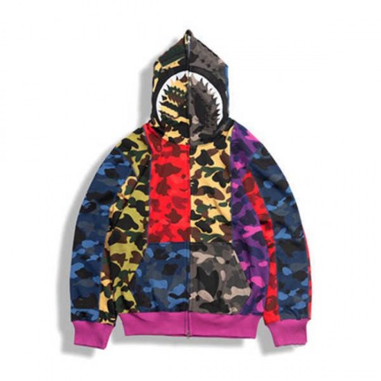 Men's Camouflage Paneled Hoodies Sweatshirt Bathing Ape Cardigan Hip Hop Letters Long Sleeve Shark Print Men Couples Hooded