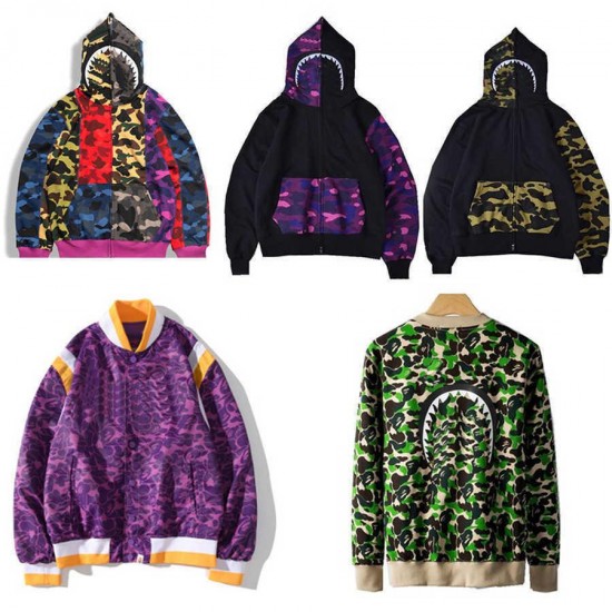 Men's Camouflage Paneled Hoodies Sweatshirt Bathing Ape Cardigan Hip Hop Letters Long Sleeve Shark Print Men Couples Hooded